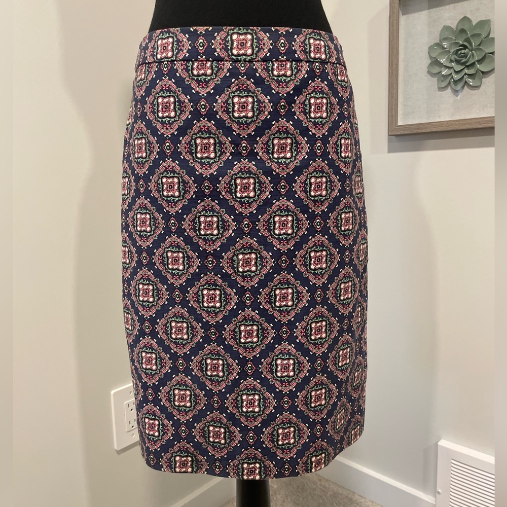J. Crew No. 2 Blue & Pink Patterned Cotton Pencil Skirt EUC